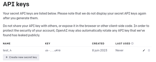 Génération du token API OpenAI
